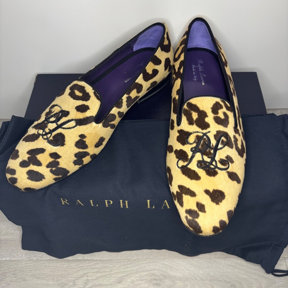 Ralph Lauren Purple Label Alonzo Leopard Calf Hair Slippers Loafers Mens 9D $995